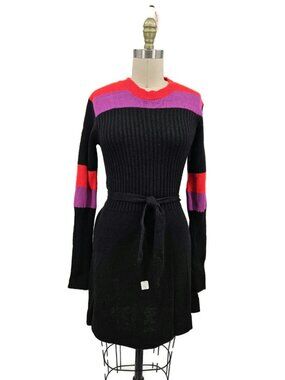 VTG New Alberoy Sweater Dress Womens L Black Colorblock Long Sleeve Midi Belted